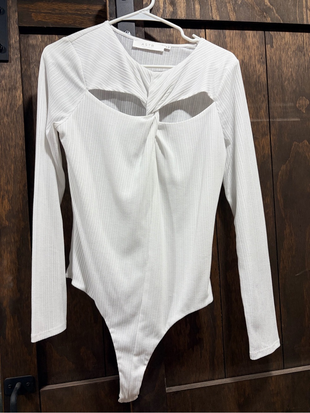 ASTR White Ribbed Long-Sleeve Twist Front Bodysuit